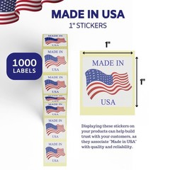 Made in USA Labels 1 X 1 Inches American Flag Stickers Glossy Paper, 1000 PCS Pe