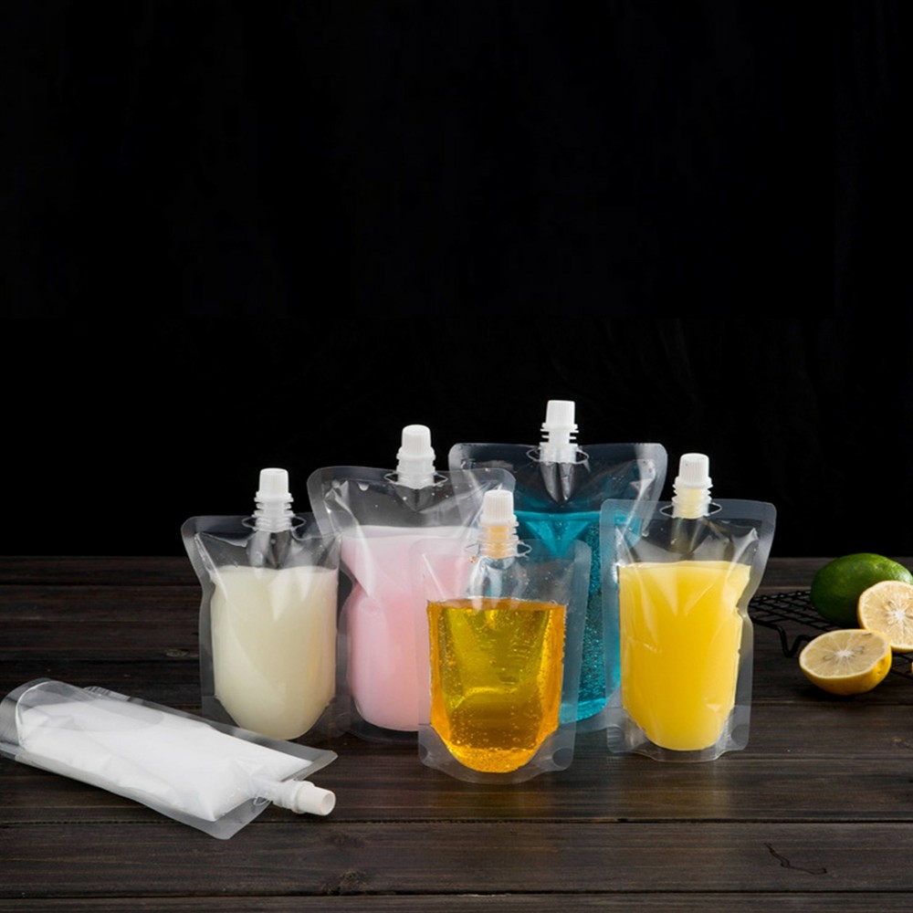 50 Clear Plastic Stand Up Drinking Pouches w/ Spout + Funnel – Various Sizes