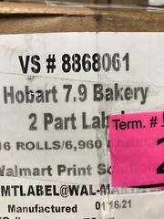 Hobart 7.9 Bakery Labels, 1 Case 16 Rolls, VS 8868061, 435/Roll, 3 in Core