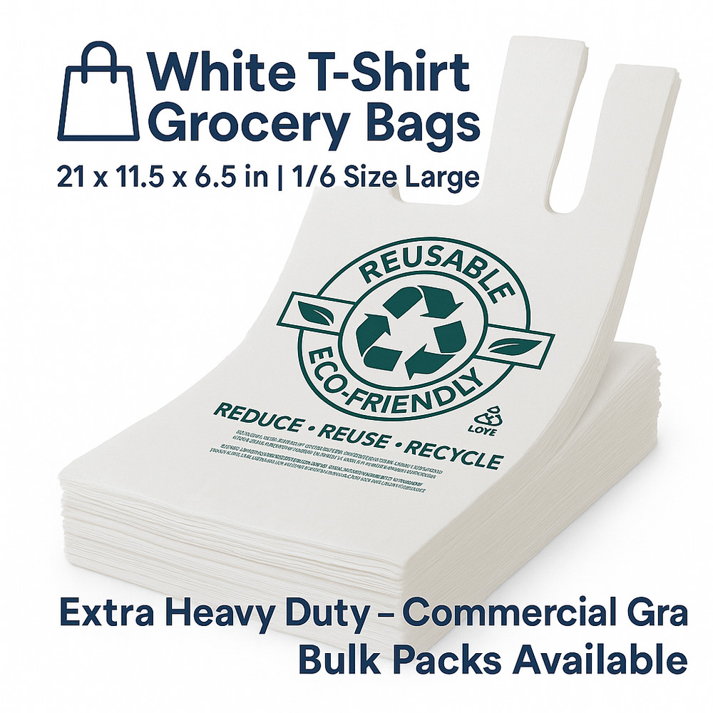 White T-Shirt Grocery Bags 1/6 Large – Extra Heavy Duty 21×11.5×6.5 – Bulk Packs