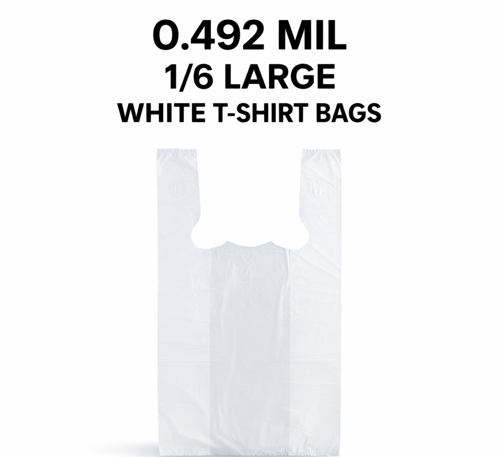1/6 Large White T-Shirt Shopping Grocery Bags 21×6.5×11.5 0.492 Mil Bulk