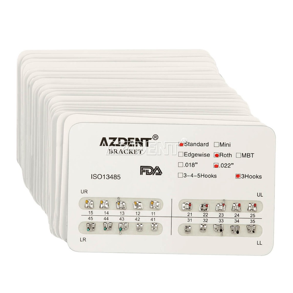 10 Packs Dental Orthodontic Bracket Brace Standard Roth 022 Hooks 3 Metal AZDENT