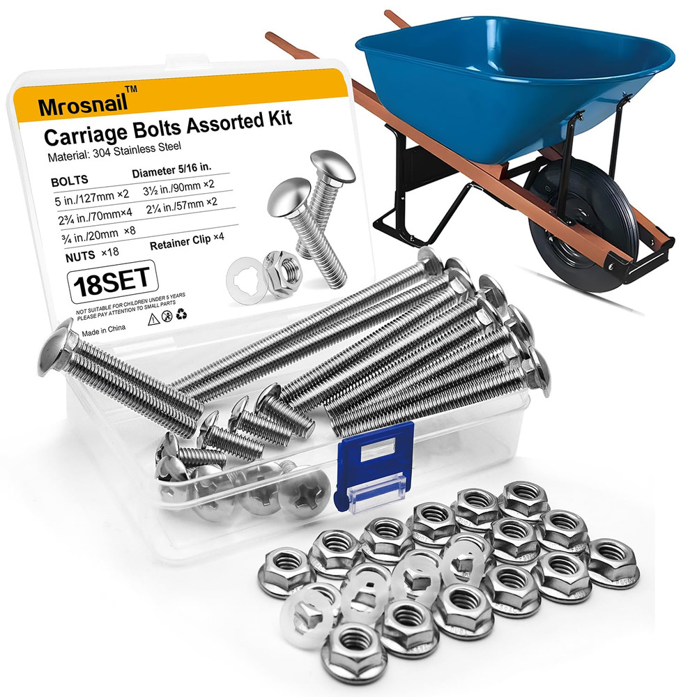 Stainless Steel Carriage Bolts Kit for Wheelbarrow Handles 18pc 5/16-18