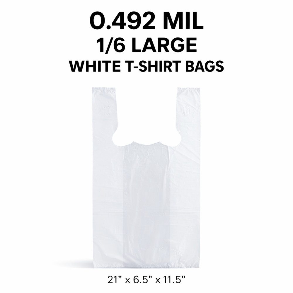 White T-Shirt Carryout Grocery Bags 1/6 Large 21×6.5×11.5 0.492 Mil