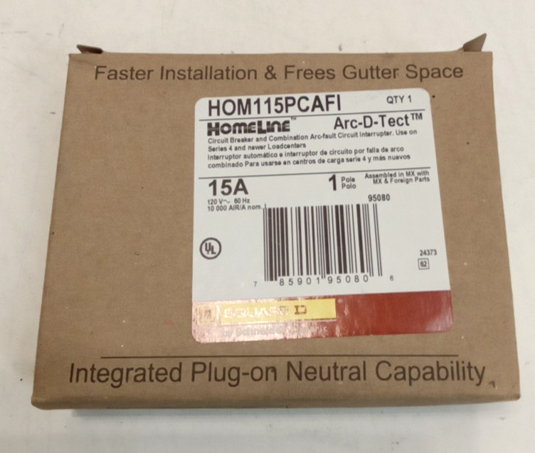 Square D HOM115PCAFI Circuit Breaker 15A 1P 120VAC 10kA AIR Combo Arc Fault PON