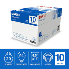 Staples Multiuse Copy Paper 8.5×11 20 lb 94 Brightness 500 Sheets/Ream 10 Reams