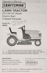 Sears Craftsman LT2000 20.0 h.p 42″ 6-spd Lawn Tractor 917.287071 Owners Manual