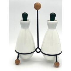 Vtg 1950’s Fenton Condiment oil & Vinegar Set Emerald Crest wrought iron stand