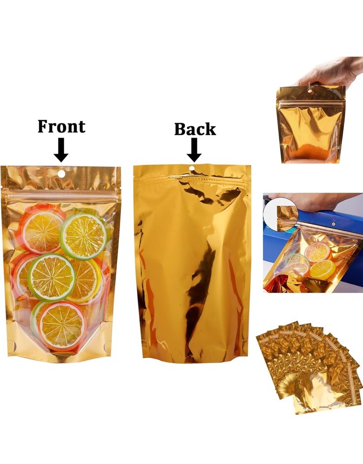 QQ Studio 80 PCS Metallic Mylar Foil Open Top Sealable Bags 1 LB (10”x7”) Gold