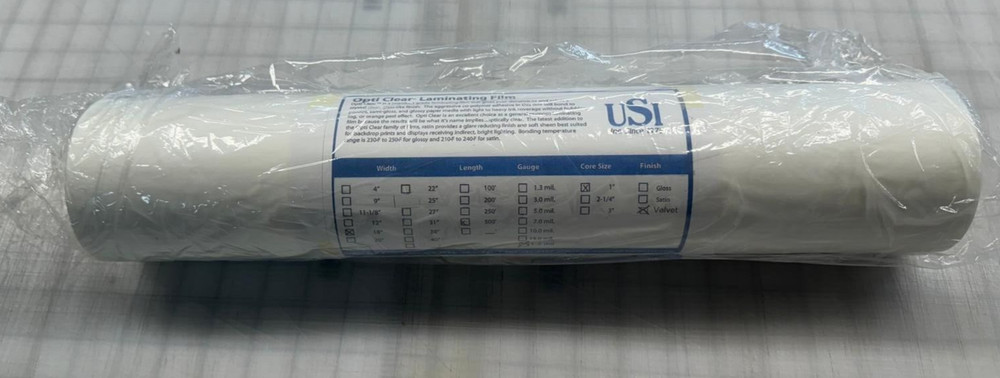 USI – Opti Clear Laminating Film – 18″ x 500′ – Core Size 1″ – 1.4mil – Velvet