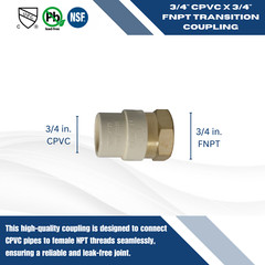 25 Pcs. 3/4″ Female NPT x 3/4″ CPVC Adapter, Lead Free, 3/4″ CPVC Female Adapter