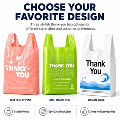 YoYoRain 100 Pack “Thank You” T-Shirt Bags – Green Plastic Shopping Bags with