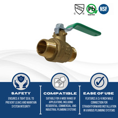 1 PC. 3/4″ MALE BALL VALVE, LEAD FREE BRASS, FULL PORT, 600 WOG-WATER, OIL, GAS