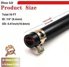 10Ft 1/4 Inch Fuel Line Hose with 20 Clamps, Rubber Fuel Line for Lawn Mower Dir