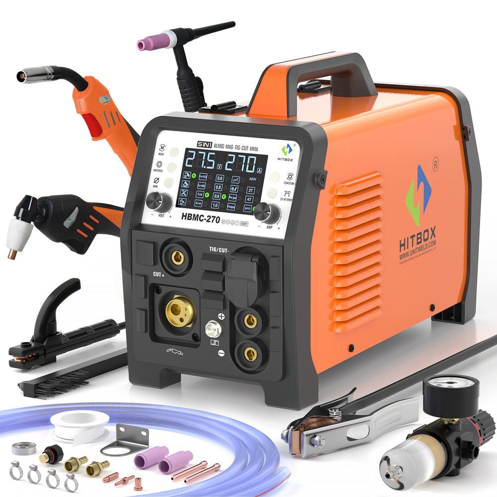 HITBOX 6in1 200A Aluminum Gas Gasless MIG TIG Stick Plasma Cutter Welder+Helmet