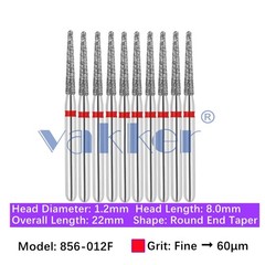 Vakker 10pc Dental 856-012F Diamond Burs Fine Grit Friction Grip Round End Taper
