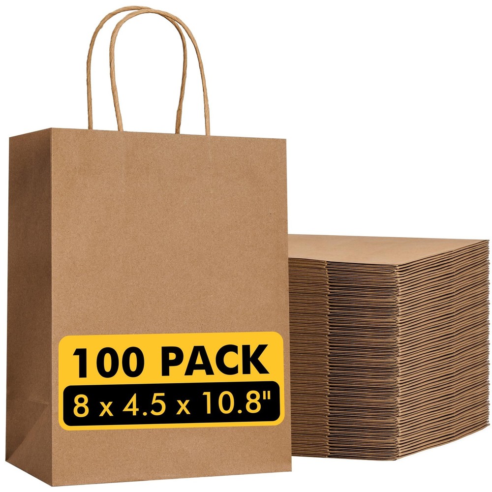 RACETOP Brown Paper Bags with Handles Bulk 1 Count (Pack of 100),