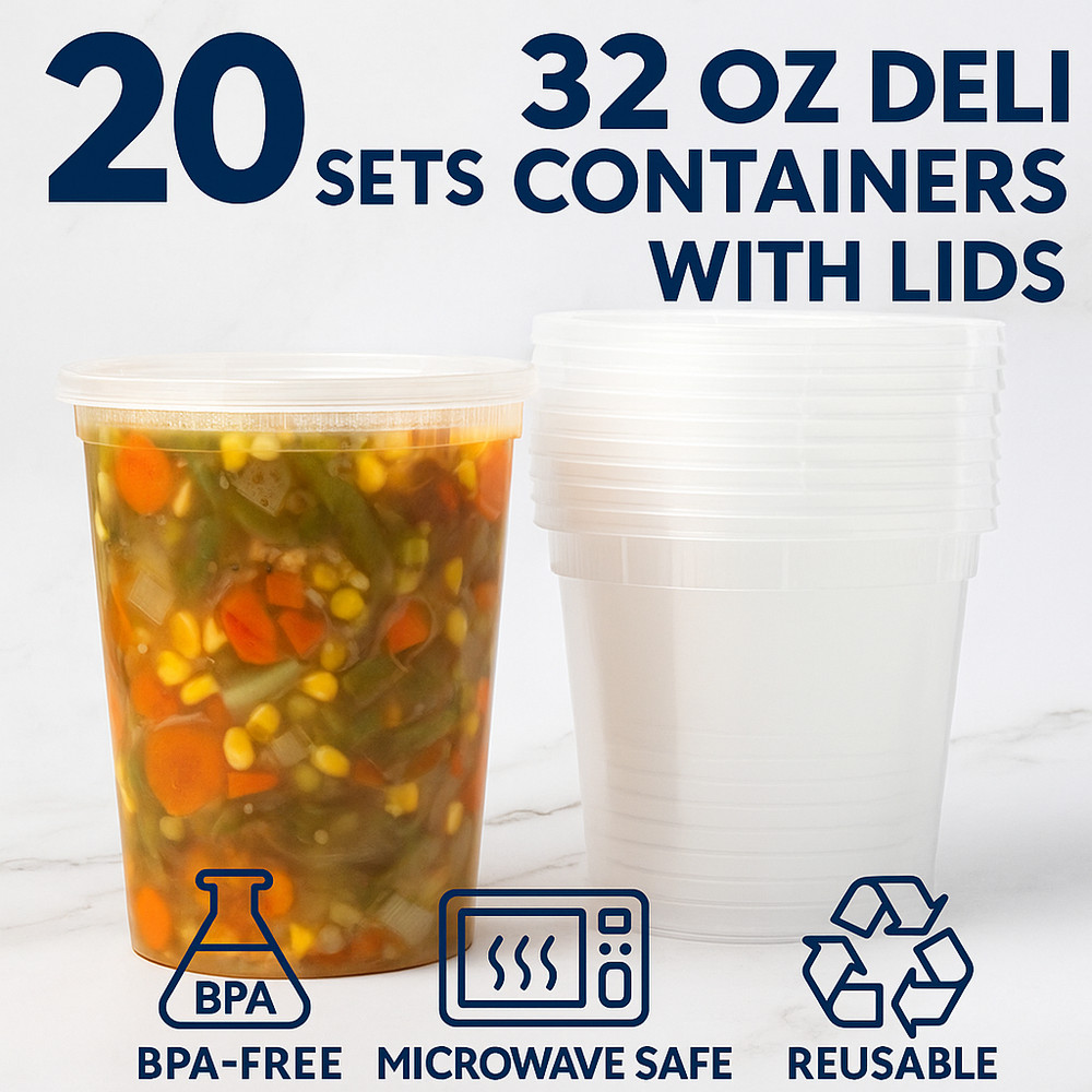 32oz Deli Containers with Lids – 20 Sets, BPA Free, Heavy Duty, Microwavable