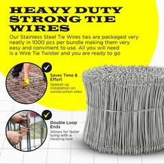 8 Inch x 1000pc STAINLESS STEEL Double Loop Rebar Wire Ties, 16 Gage, SIMBASTEEL