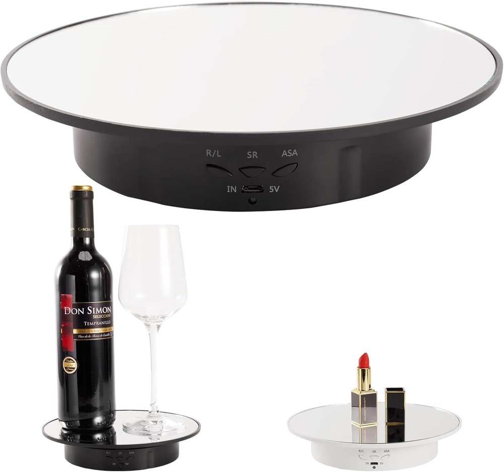 Motorized Display Stand 7.87″ Rotating Platform W/ Mirror Cover USB Charging