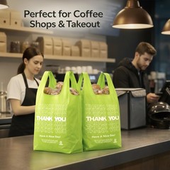 YoYoRain 100 Pack “Thank You” T-Shirt Bags – Green Plastic Shopping Bags with