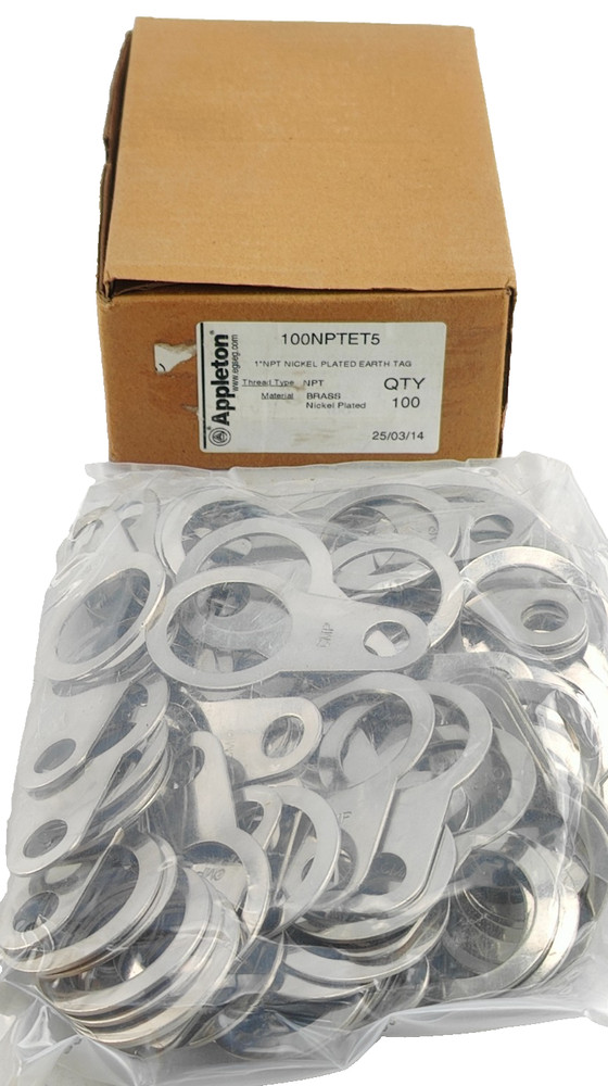 NEW BOX OF 100 pcs. 1″ NPT NICKEL PLATED BRASS EARTH TAG, 100NPTET5