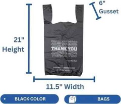 New Large 21 x 6.5 x 11.5 “Thank You” T-Shirt Plastic Grocery Black Bags-1000