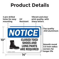 (2 Pack) Closed Toed Shoes And Long Pants OSHA Notice Sign Decal Metal Plastic