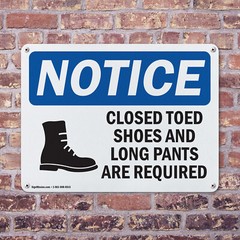 (2 Pack) Closed Toed Shoes And Long Pants OSHA Notice Sign Decal Metal Plastic