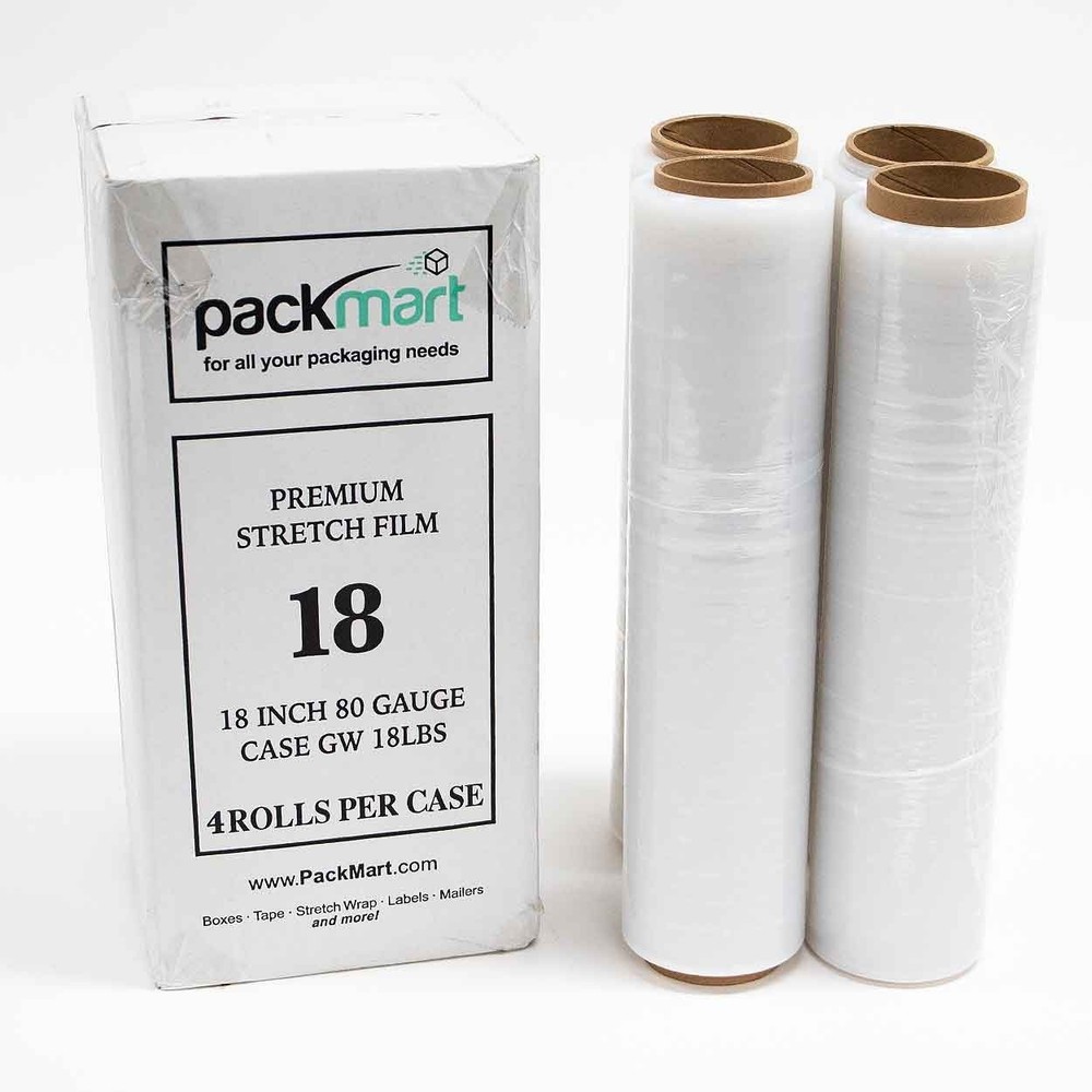 Clear 18″ 80 Gauge Stretch Film Pallet Wrap Moving Warehouse 4 ROLLS CASE