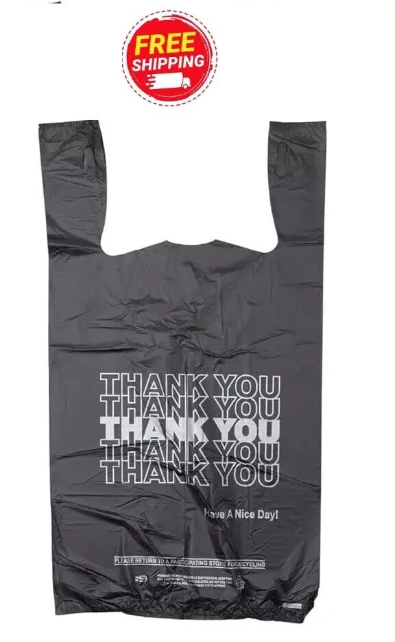 New Large 21 x 6.5 x 11.5 “Thank You” T-Shirt Plastic Grocery Black Bags-1000