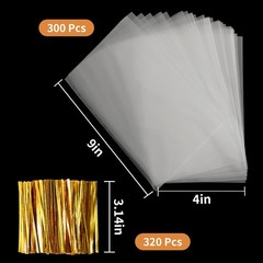 Cellophane Treat Bags 4×9 Inch 300 PCS Twist Ties 1.4 Mil Thick Candy Bakery