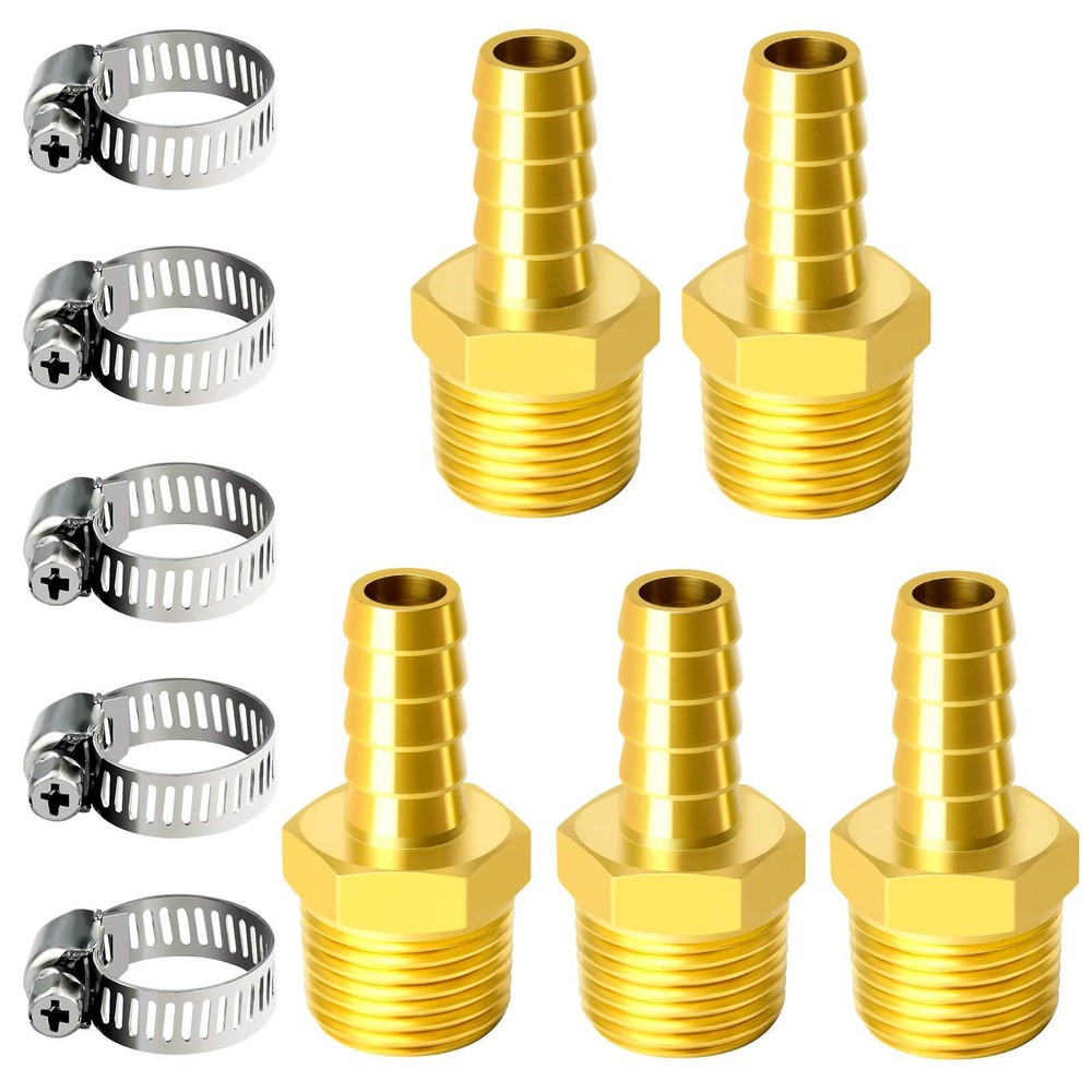 Brass Hose Barb Fitting -3/8 Inch Barb to 1/2 Inch Male NPT Adapter（Pack of 5）