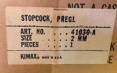 Stopcock, Kimble, 41036-A, Stopcock, 2mm Bore, 3-way, Listed as PREGL (Buret)