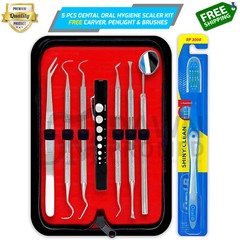 5 Dental Oral Hygiene Scaler Kit Tools Deep Cleaning Teeth Care W/Penlight Brush