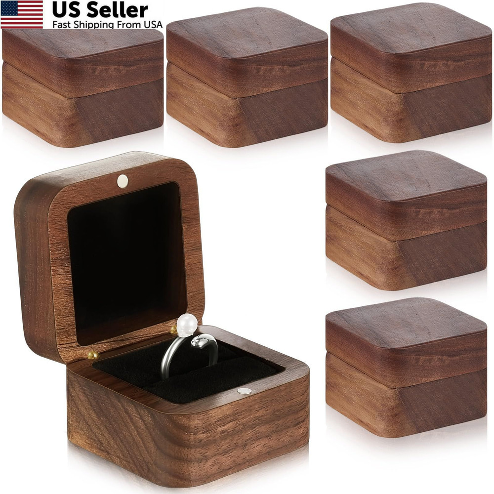 Loetere 6 Pcs Square Wooden Ring Boxes for Wedding Ceremony Mini Black
