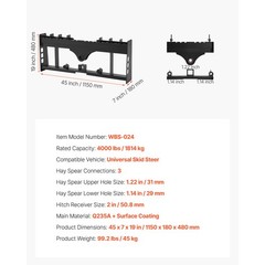 Uimoso 45″ Skid Steer Pallet Frame with Hitch Receiver and Spear Sleeves 4000lbs