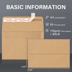 300PK Brown Kraft Envelopes 4×6 Self Seal Invitation Envelope A4 4.25×6.25″ 115g