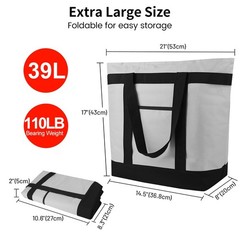 Insulated Grocery Tote Bag Large Reusable Cooler Bags w/ Zipper Leakproof Grey