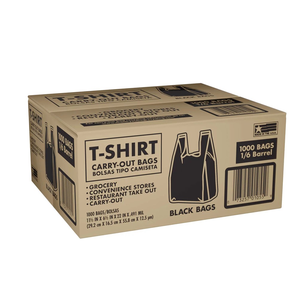 Black T-Shirt Carryout Bags, 11.5″ x 6.5″ x 22″ (1,000 ct.)