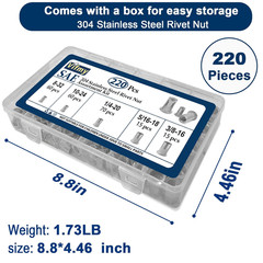 Rivet Nut Assortment Kit, 220 Pcs, Flat Head, 304 Stainless Steel, Various Sizes