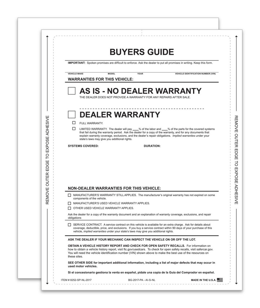 1 PART SELF ADHESIVE BUYERS GUIDES AS IS WARRANTY NO LINES 100 PACK DEALER LOT