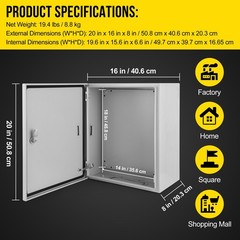16″Lx20″Hx8″W, IP66 Steel Electrical Enclosure Box with Lock & Waterproof Seal