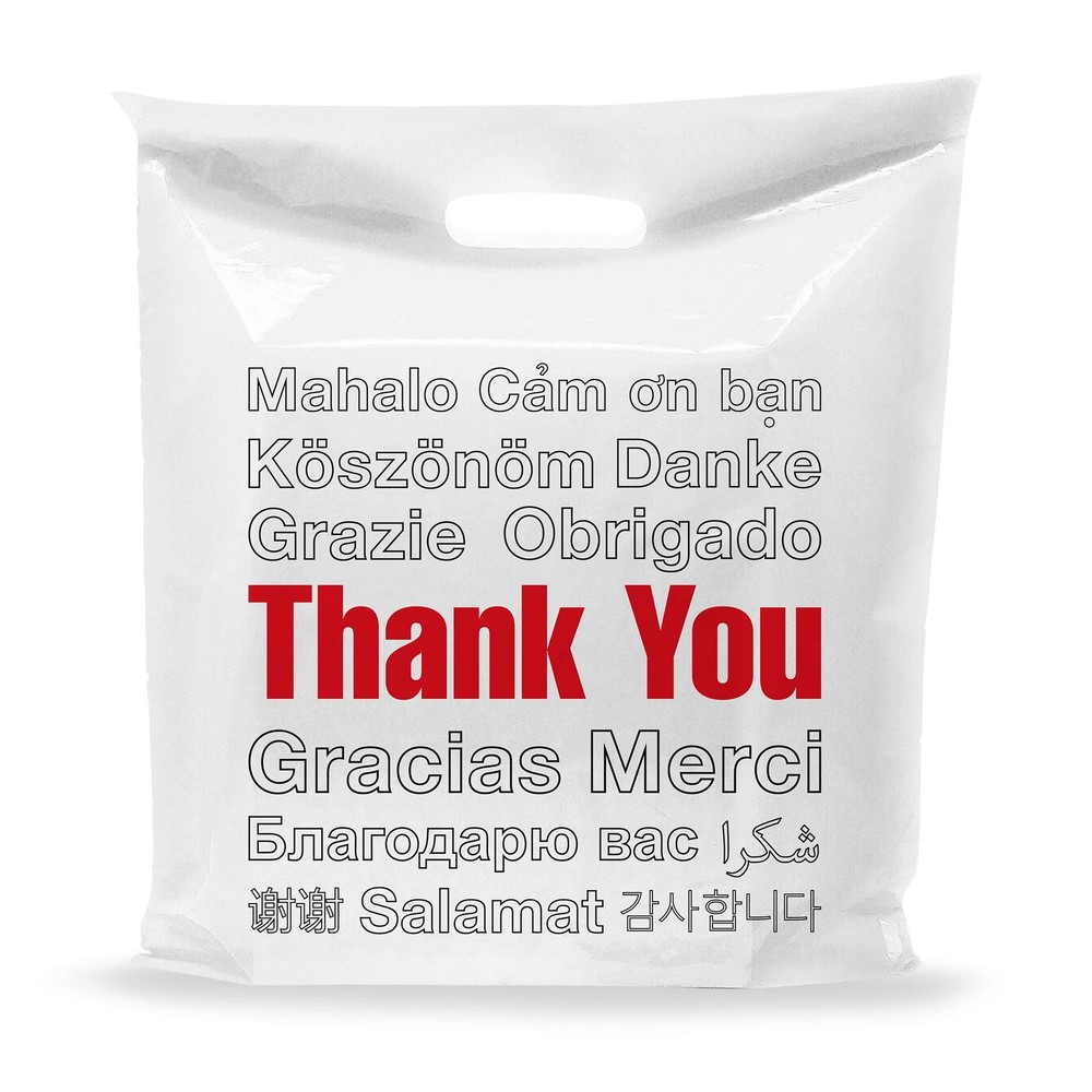 20×20 White Thank You Merchandise Bags, Multi-Language Design, Extra Large Si…