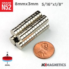 8mm x 3mm 5/16×1/8″ N52 Super Strong Rare Earth Neodymium Magnet Disc 8x3mm