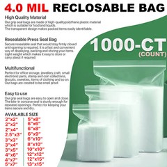 x1000, 4.0 Mil Thickness Zipper Reclosable Ziplock CLEAR Plastic Seal Poly Bags