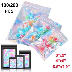 100/200 Holographic Mylar Foil Bags Smell Proof Resealable Zip Lock Pouch Black