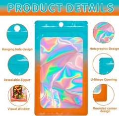 100 Holographic Mylar Foil Bags 4×6 in Smell Proof Resealable Zipper Pouch Food