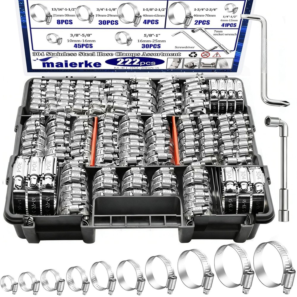 222PCS 304 Stainless Steel Hose Clamps Assortment Kit,Metal Adjustable