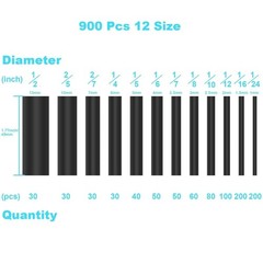 900 PCS Wire Heat Shrink Tubing Kit Marine Grade Wrap Premium Black NEW